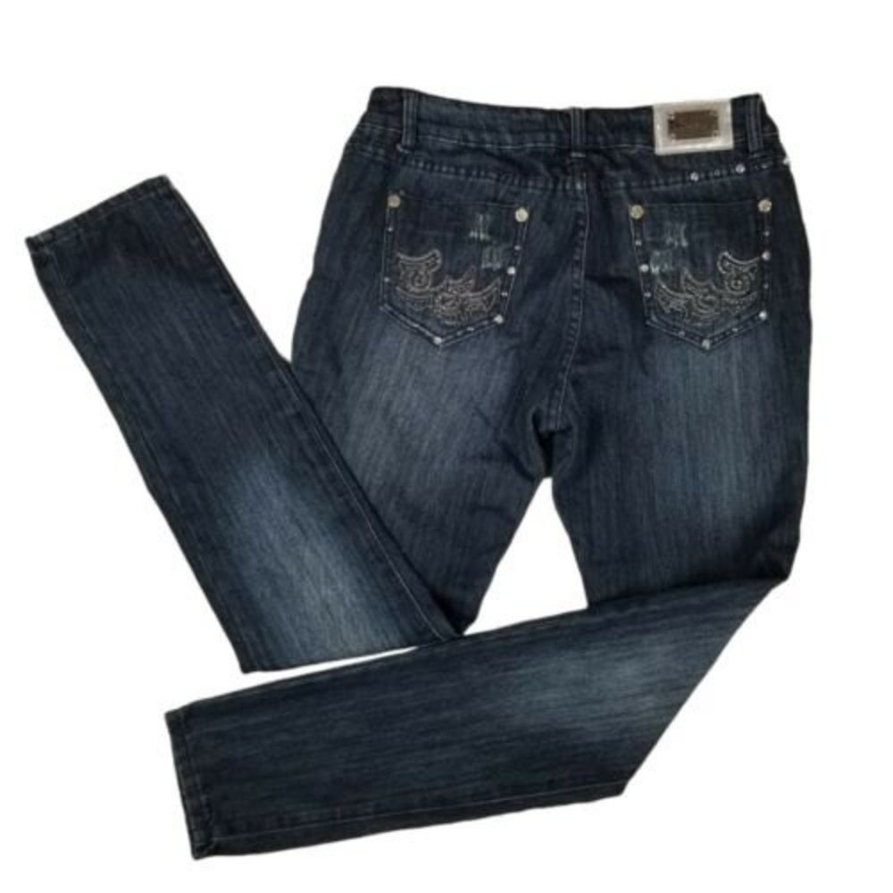 Howmy Embellished Jeans Womens Juniors Sz  11 MId Rise Skinny Stretch Blue L31.5
